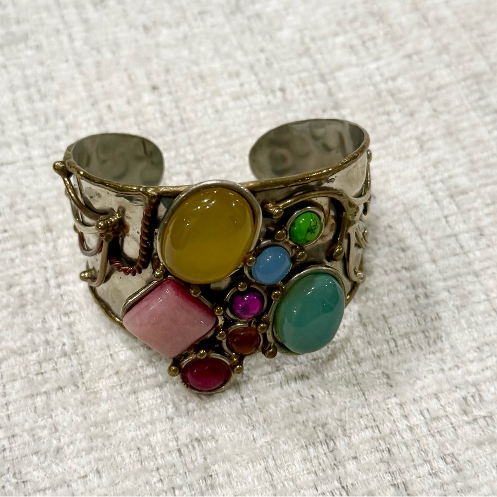 Multicolor Gemstone Silver Cuff Bracelet - image 2